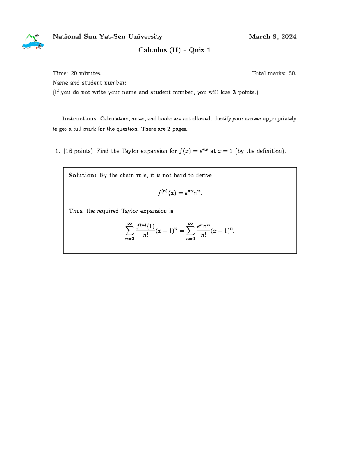 Q1 sol - National Sun Yat-Sen University March 8, 2024 Calculus (II ...