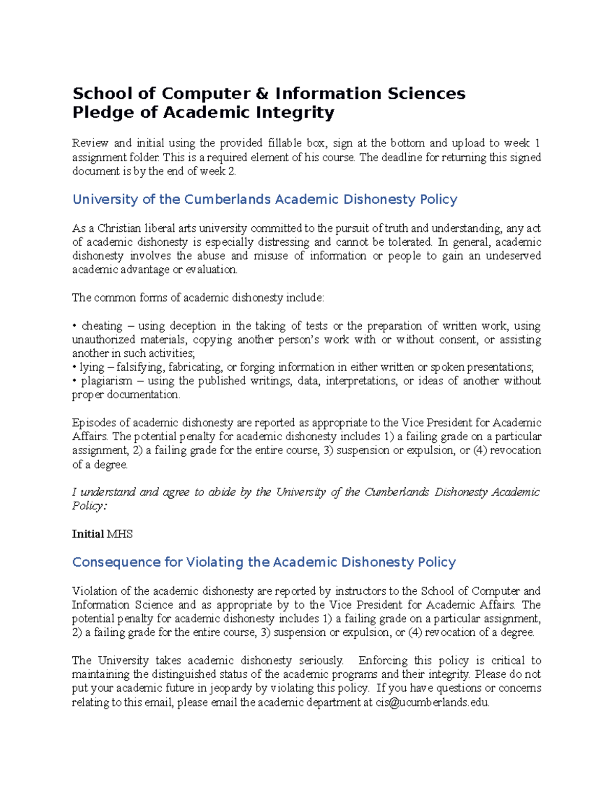 CIS Pledge of Academic Integrity Muhammad Haris Shahzad Completed ...