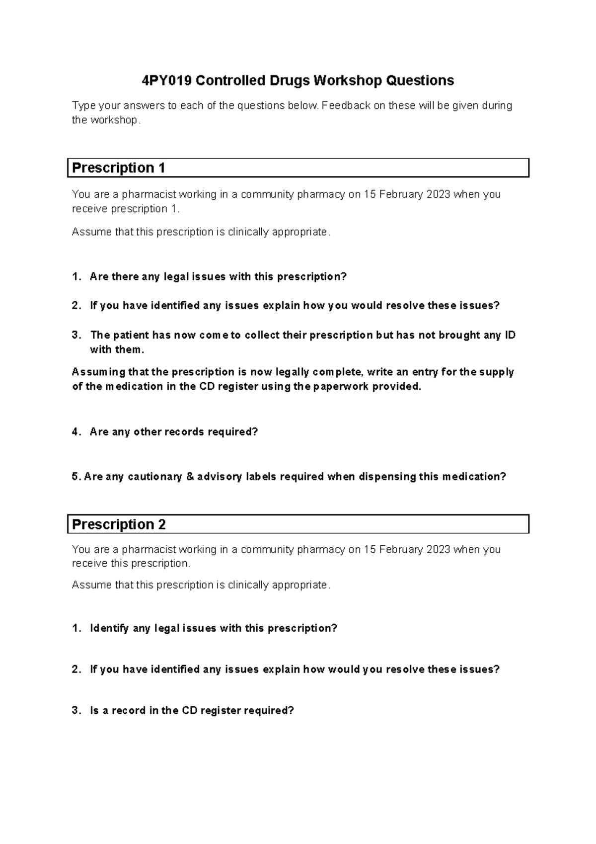 4PY019 Controlled Drugs Questions 202223 4PY019 Controlled