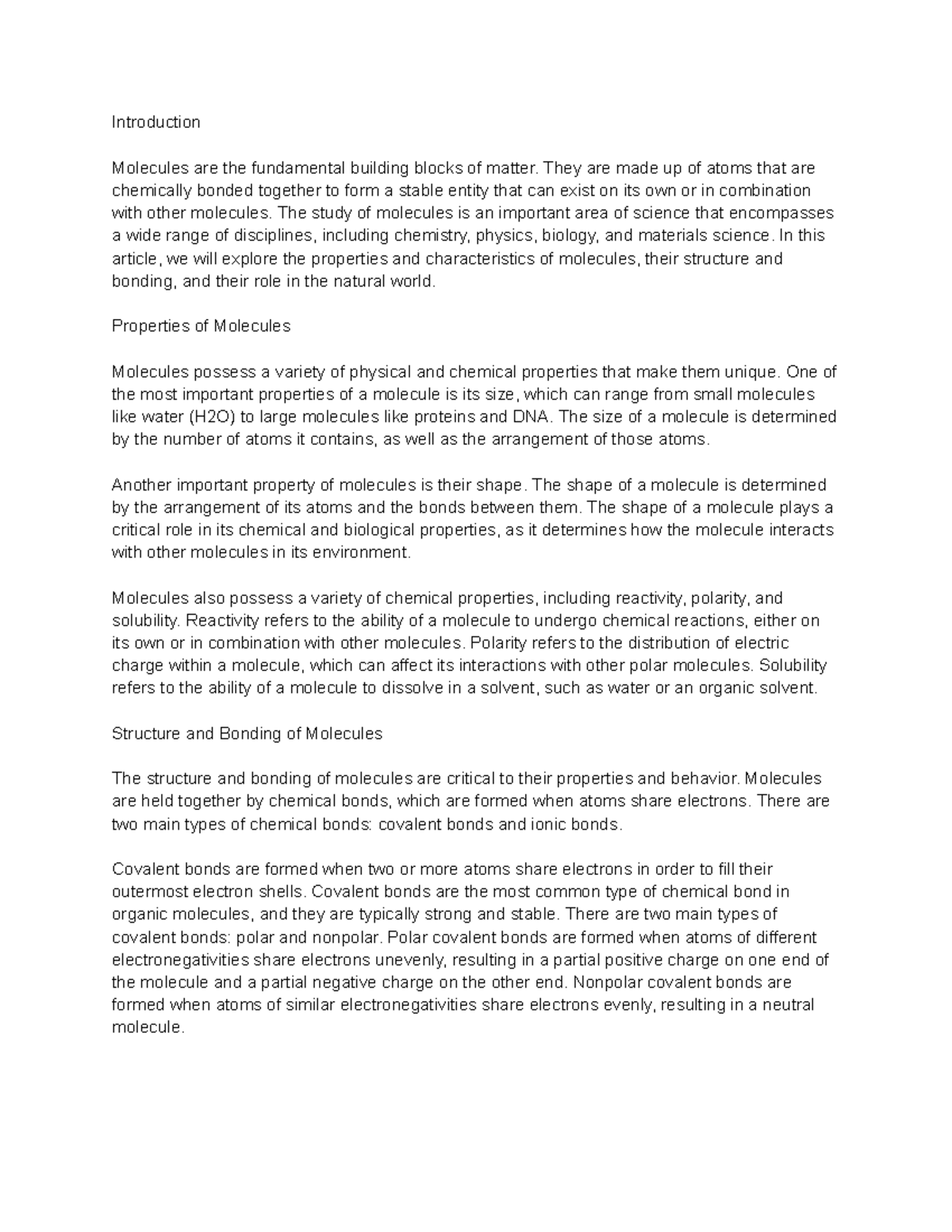 Introduction Molecules - Google Docs - Introduction Molecules are the ...