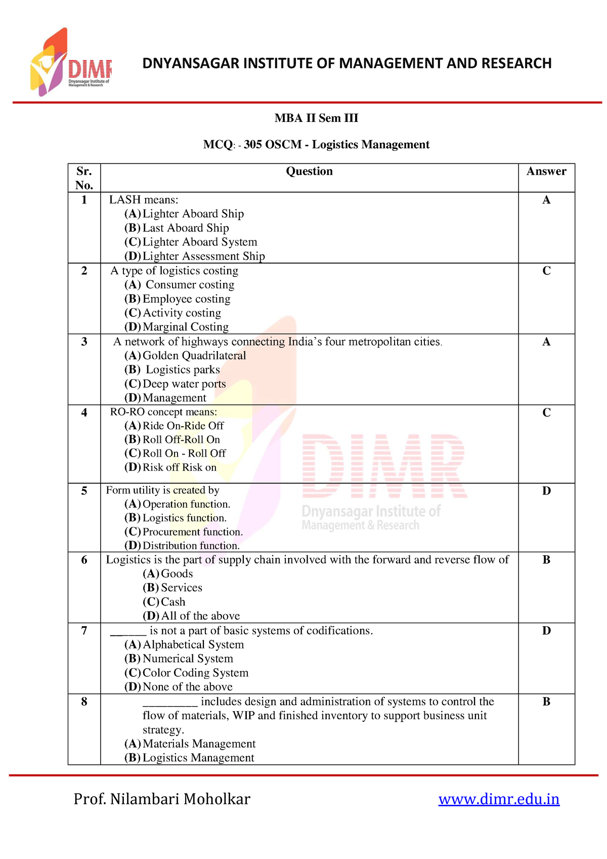 305 Logistics Management Operations And Supply Chain Management-MCQ ...