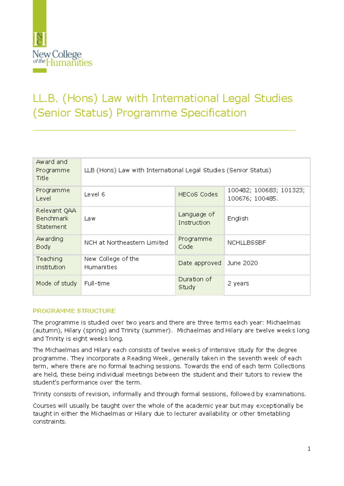 1 1.0LLBLawwithInternationalLegalStudiesSeniorStatusProgrammeSpecification.pdf Studocu