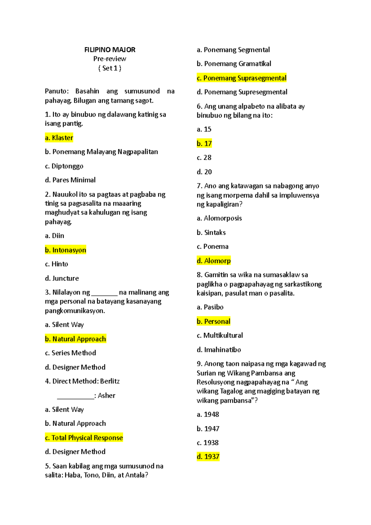 SET1 Final - FILIPINO MAJOR Pre-review ( Set 1 ) Panuto: Basahin Ang ...