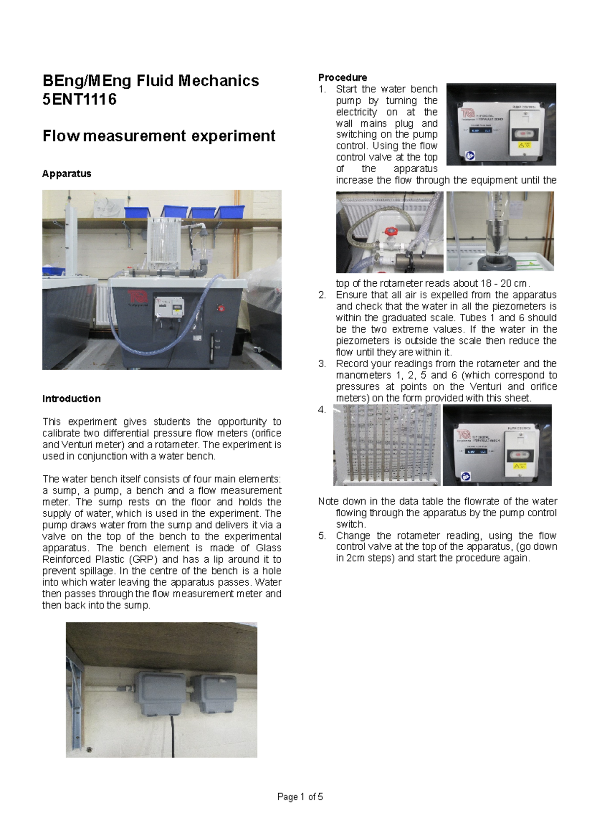 Lab Data Recording Sheet 2022-2023 - BEng/MEng Fluid Mechanics 5ENT ...