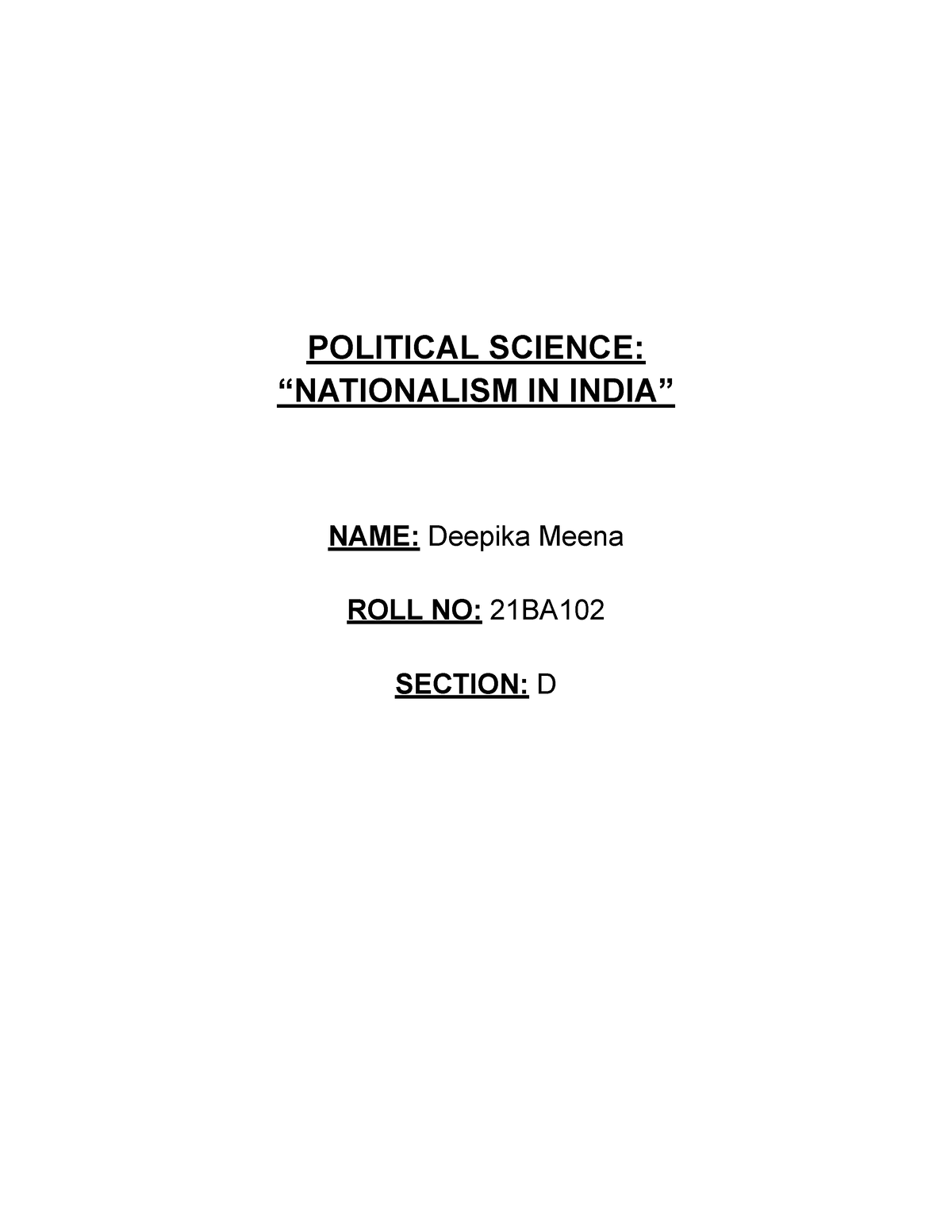 Pol Sci Assigment - essay - POLITICAL SCIENCE: “NATIONALISM IN INDIA ...