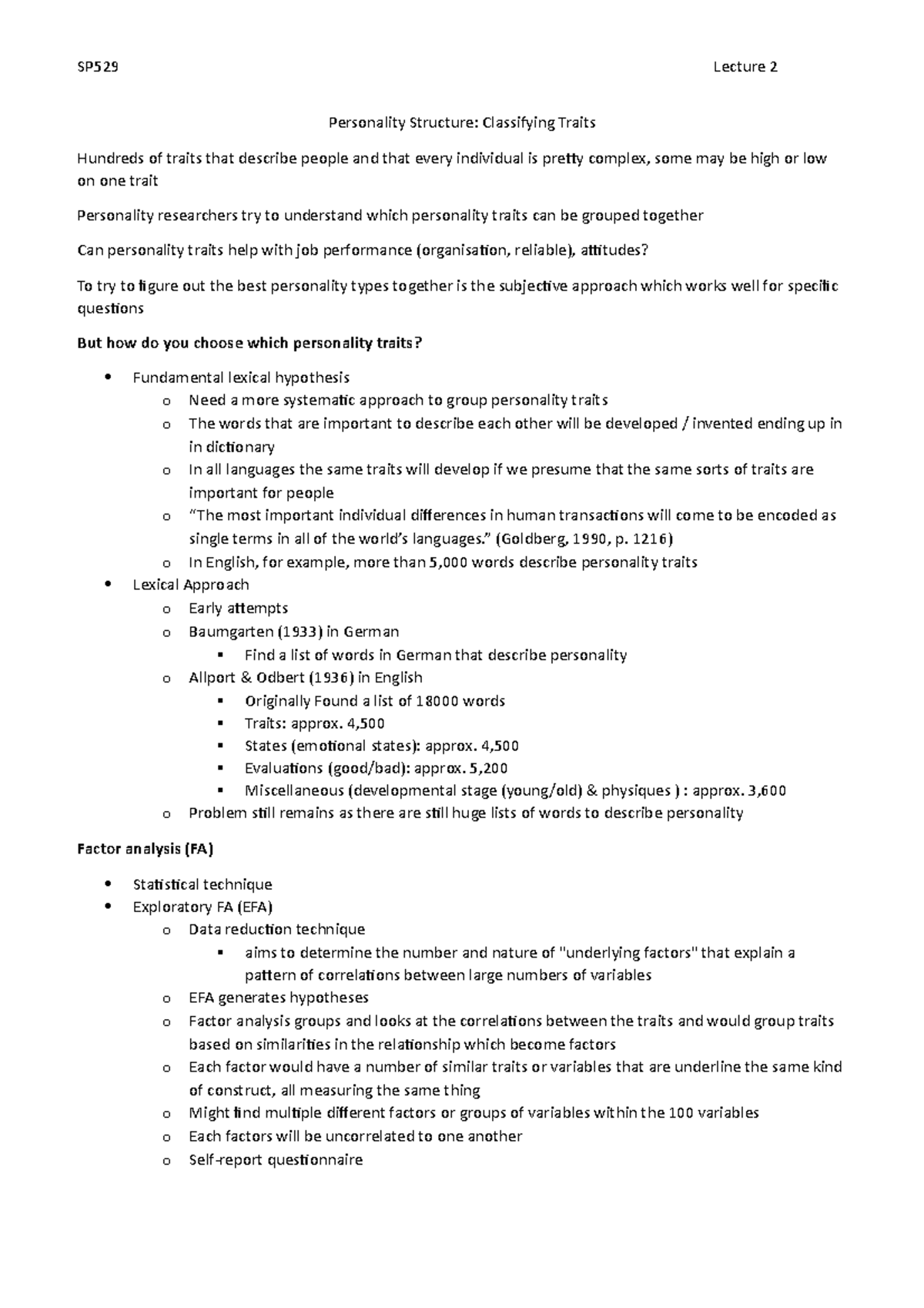 Lecture 2 - Classifying Traits - Personality Structure: Classifying ...