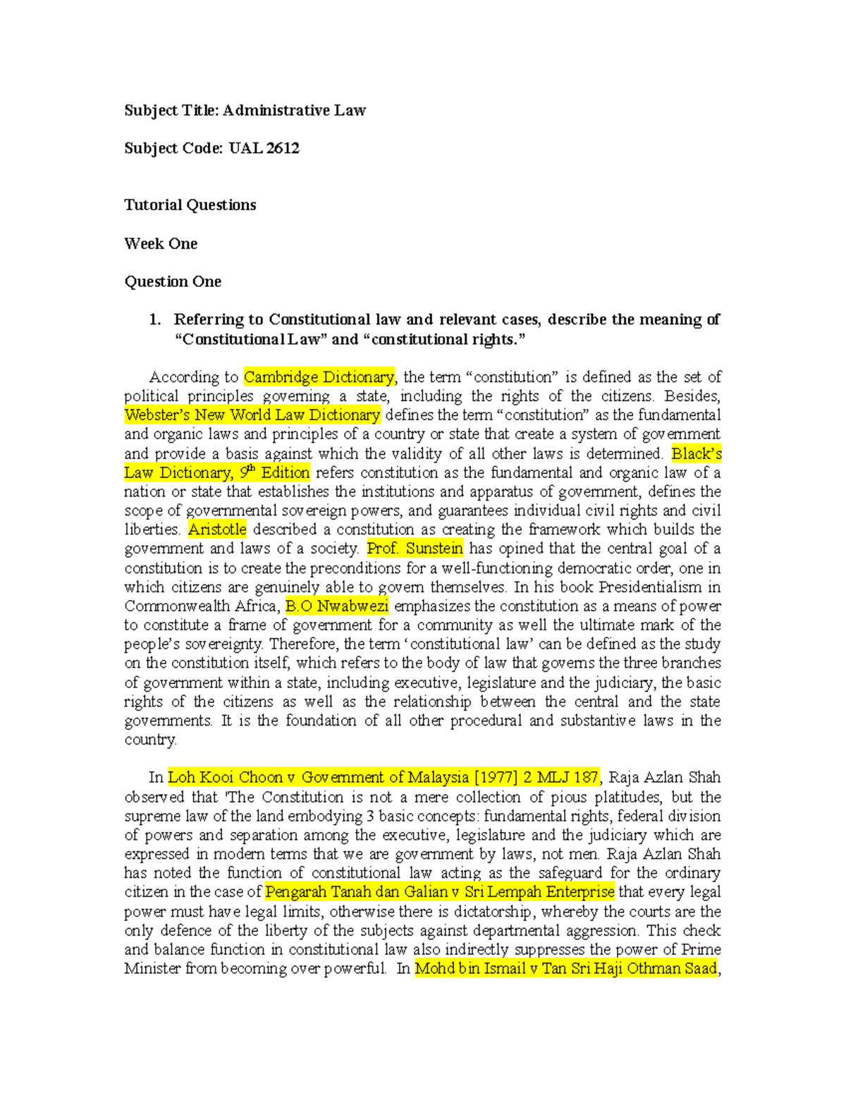 372307 Tutorial Questions - Week 1 - constitution ; rule of law ...