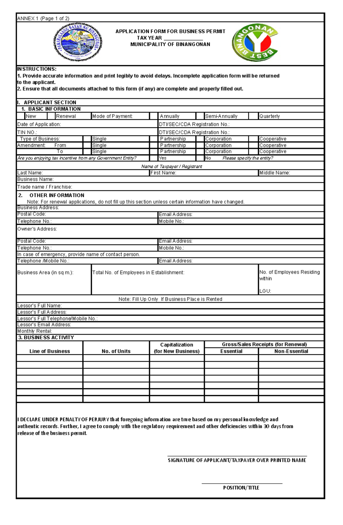 Application Form for Business Permit New Mode of Payment Annually