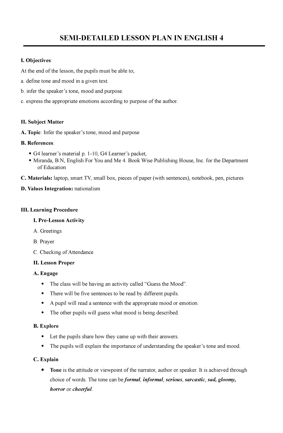 SEMI Lesson Plan SEMI DETAILED LESSON PLAN IN ENGLISH 4 I 