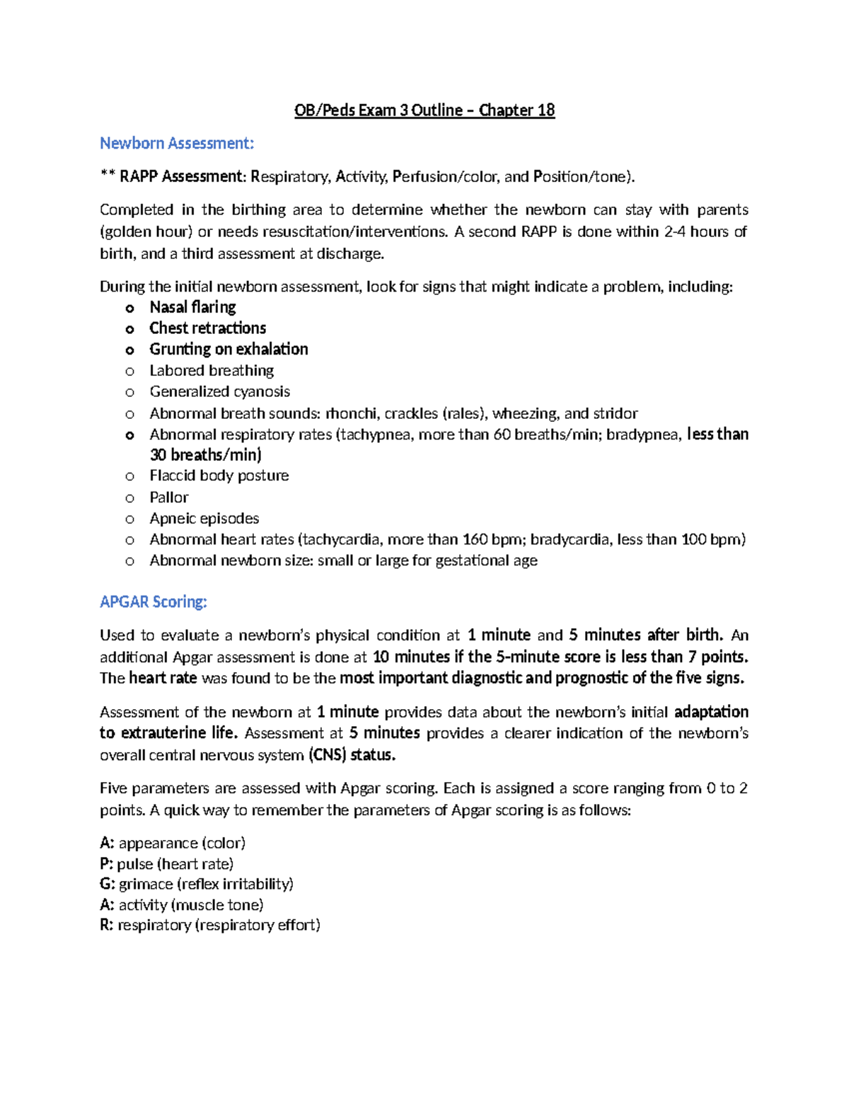 Chapter 18 Outline - OB/Peds Exam 3 Outline – Chapter 18 Newborn ...