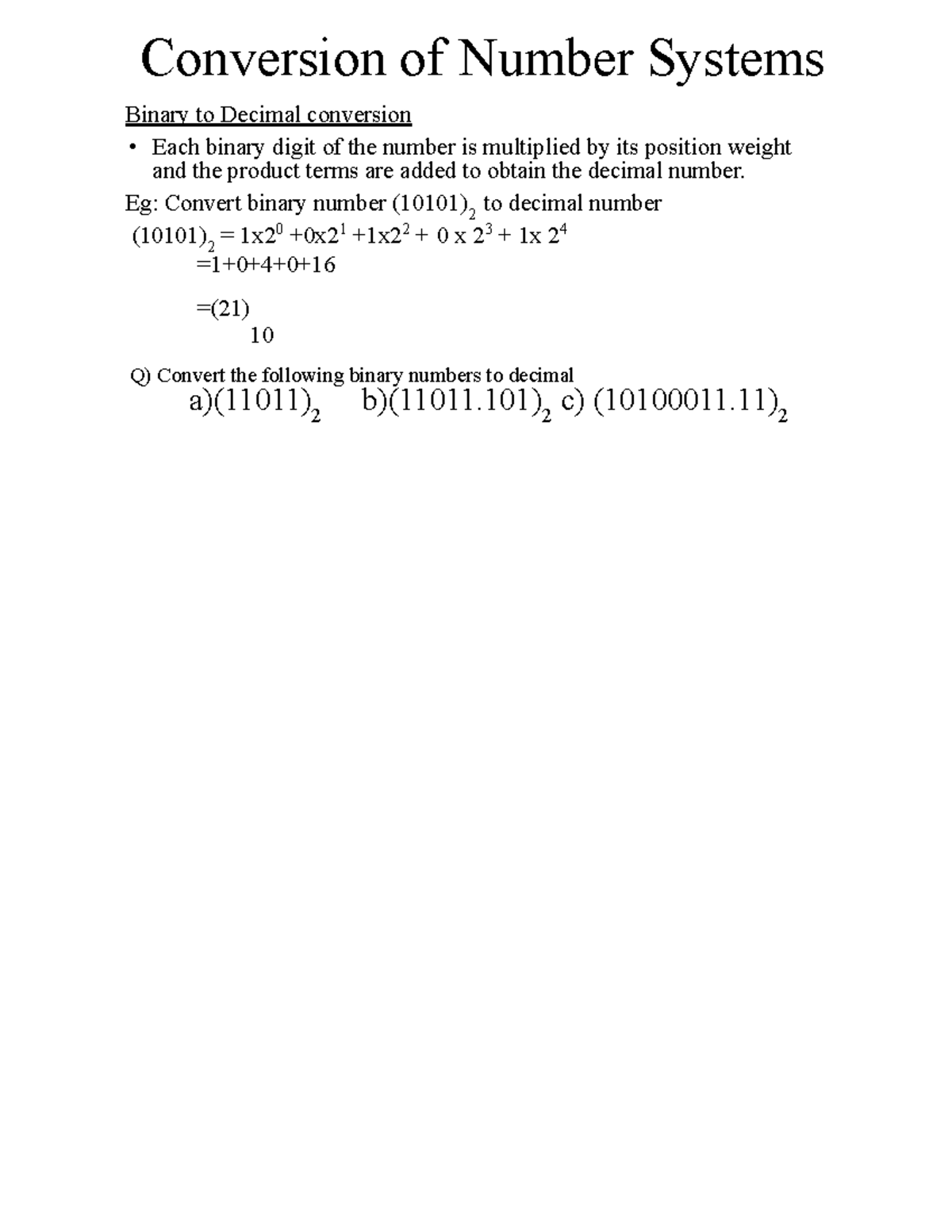 Conversion of Number systems - Conversion of Number Systems Binary to ...