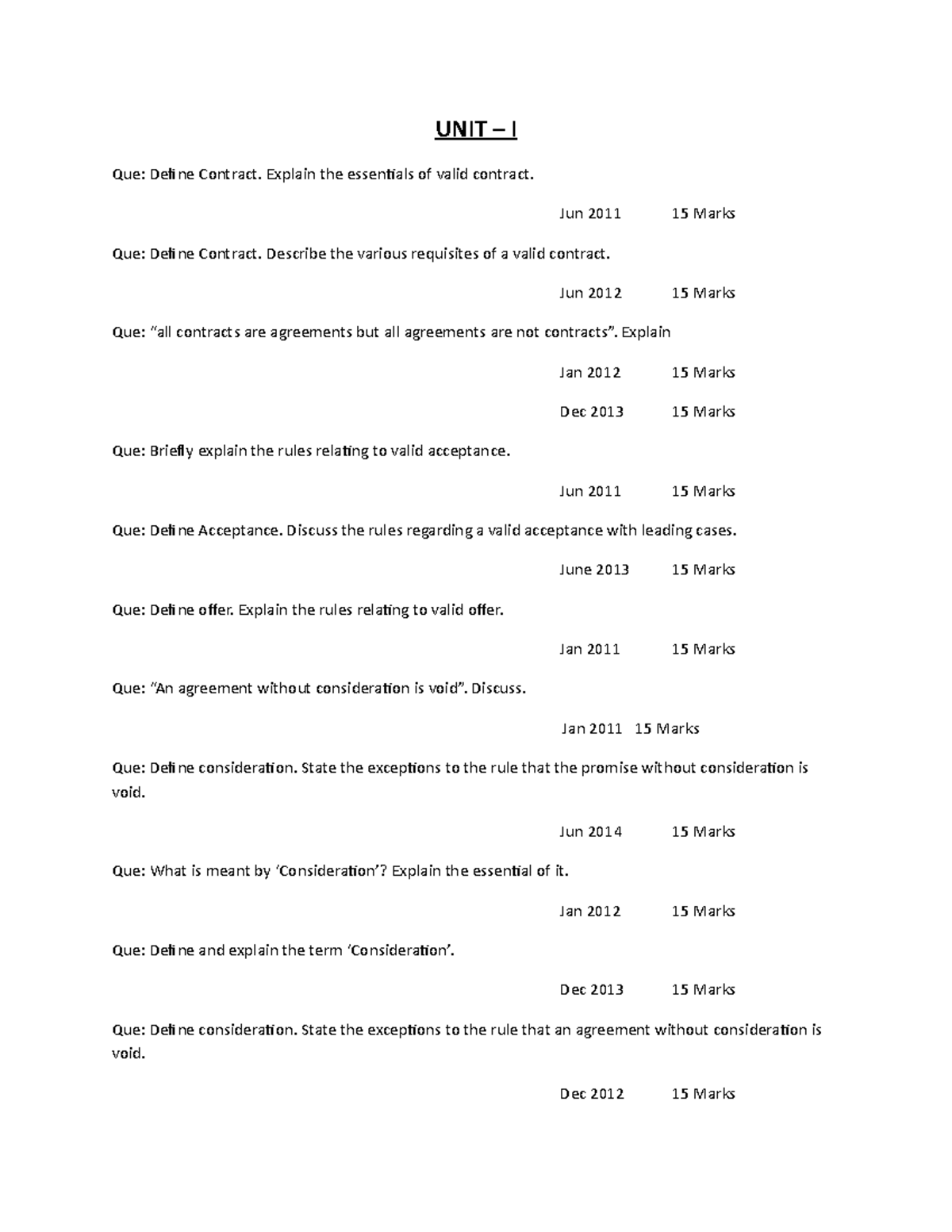Contract - I - Lecture notes 1 - UNIT – I Que: Define Contract. Explain ...