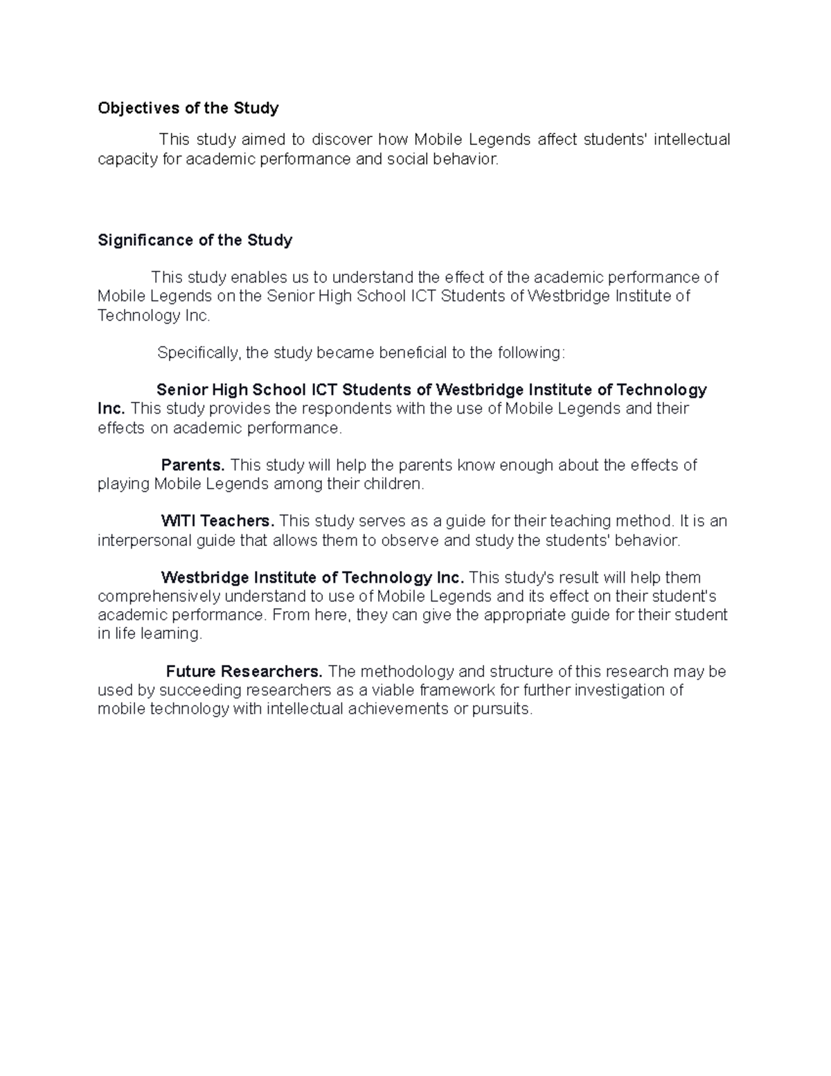 Objectives of the Study and Signficance of the Study - Objectives of ...