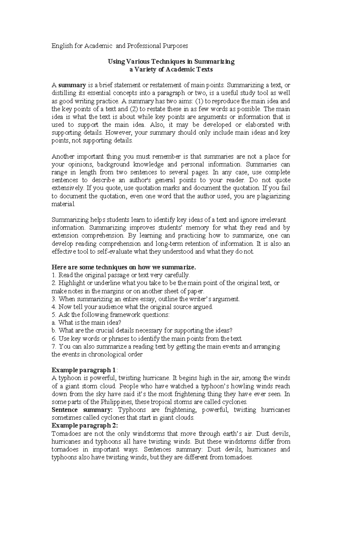 Using various techniques in summarizing eapp english for academic