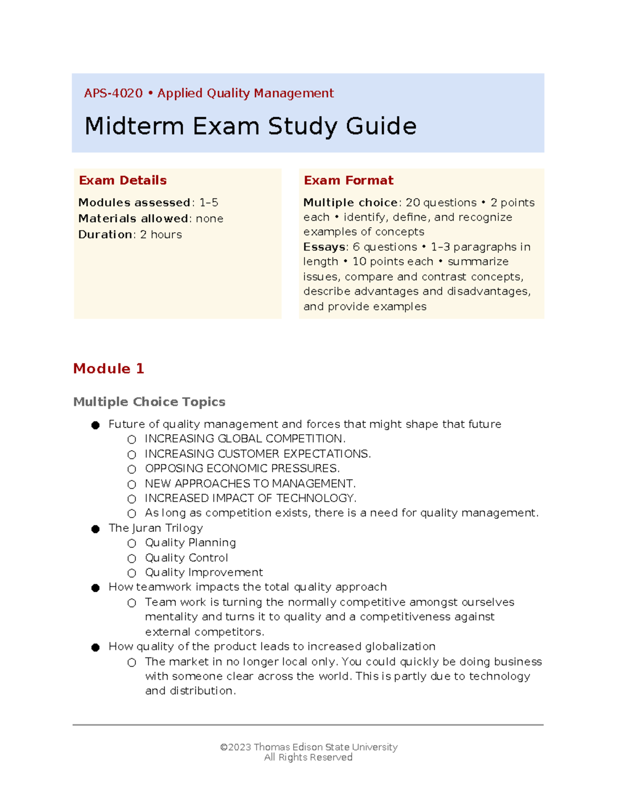 Midterm Exam Study Guide - APS-4020 • Applied Quality Management ...