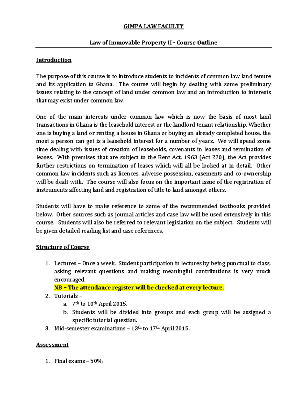 Immovable Property II Course Outline 20142015 GIMPA LAW FACULTY