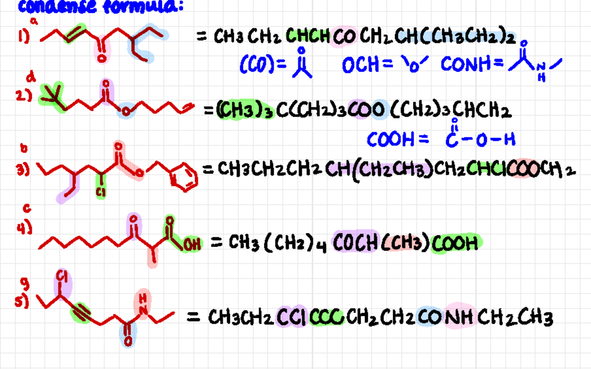 Cheat sheet 8 - condense formula : a - 1) ~ = CH3CH2CHCHCOCH2CH(CH3CH2 ...