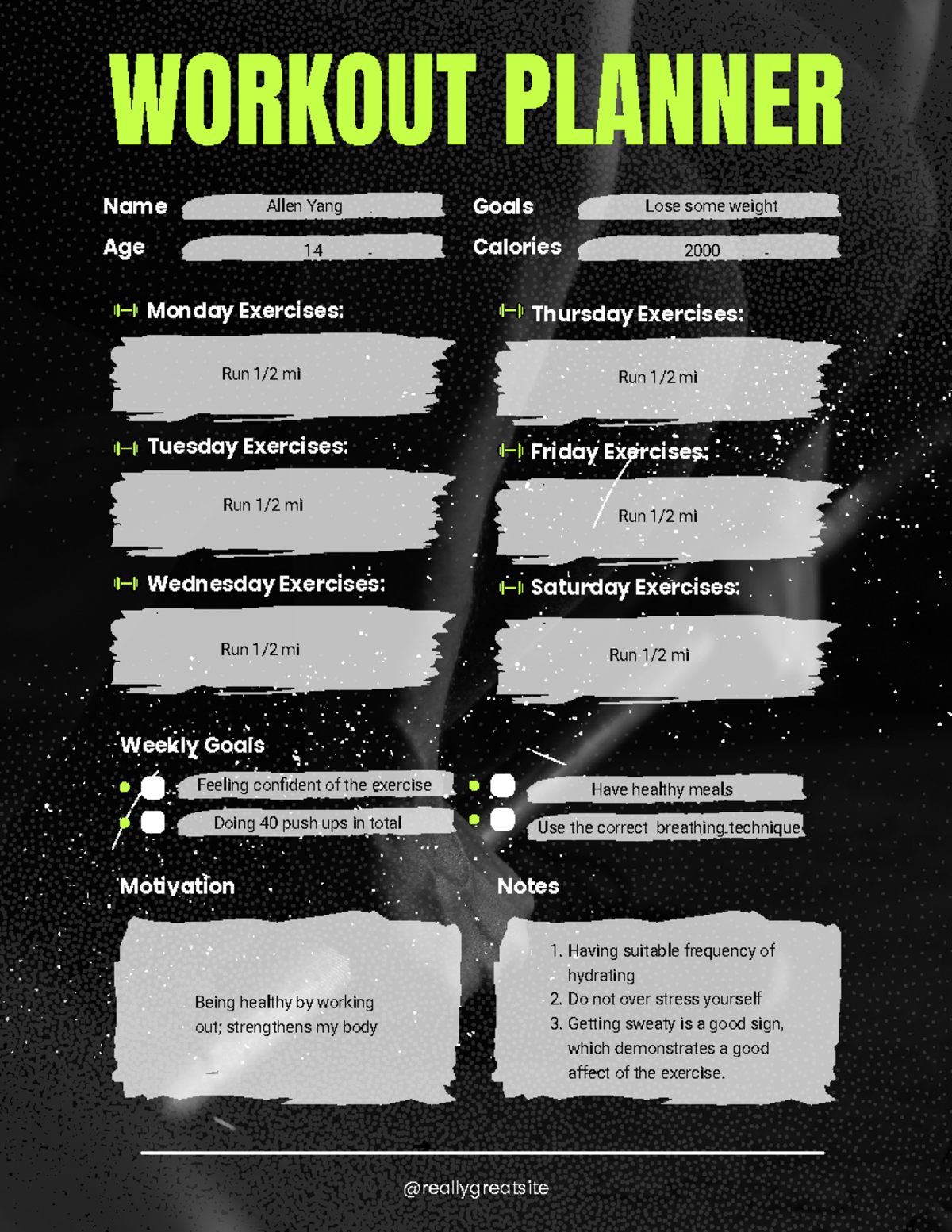 10-10-24 PE Assignment - WORKOUT PLANNER Name Age Goals Calories Monday ...