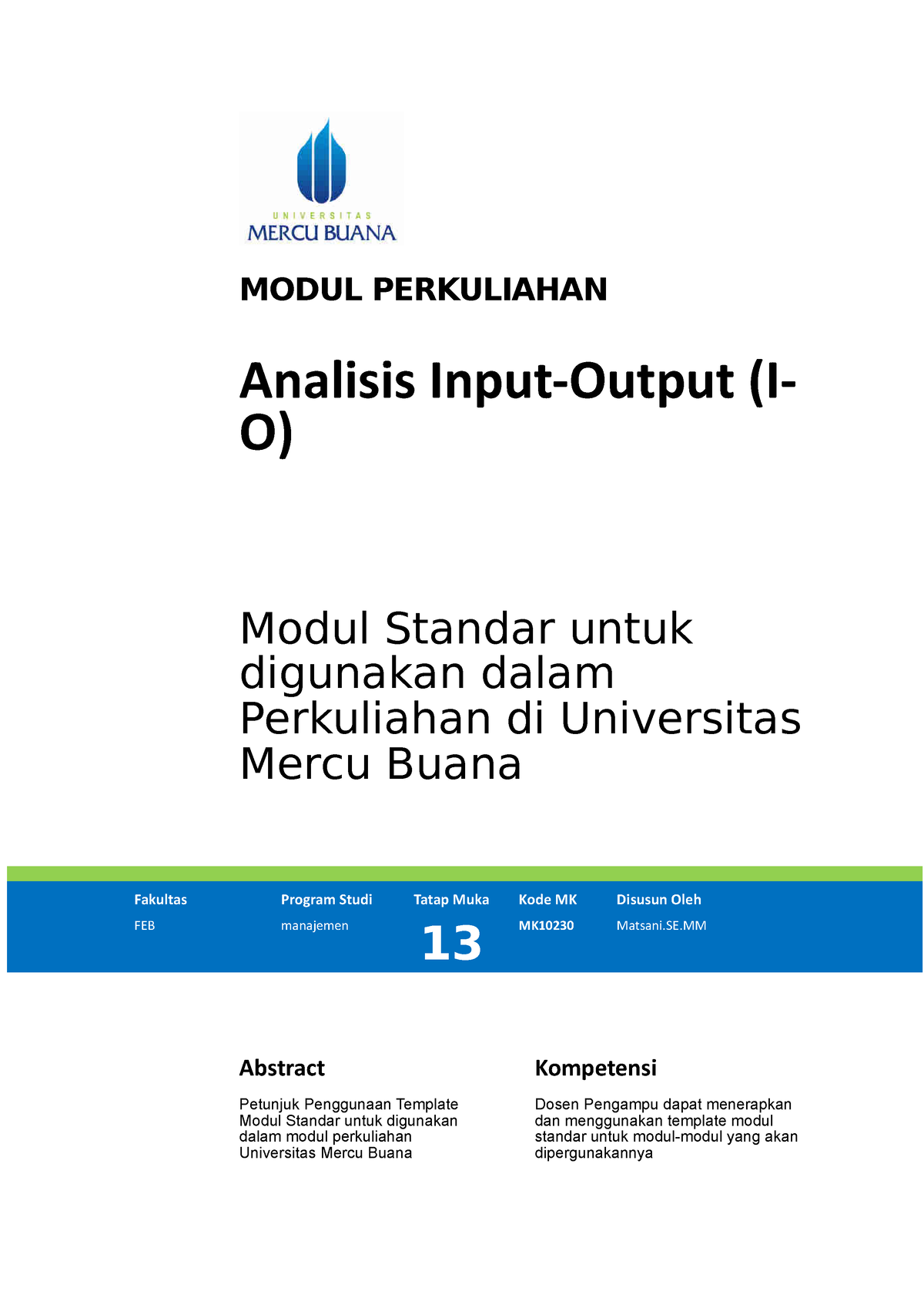 WORD Modul 13 - MODUL PERKULIAHAN Analisis Input-Output (I- O) Modul ...