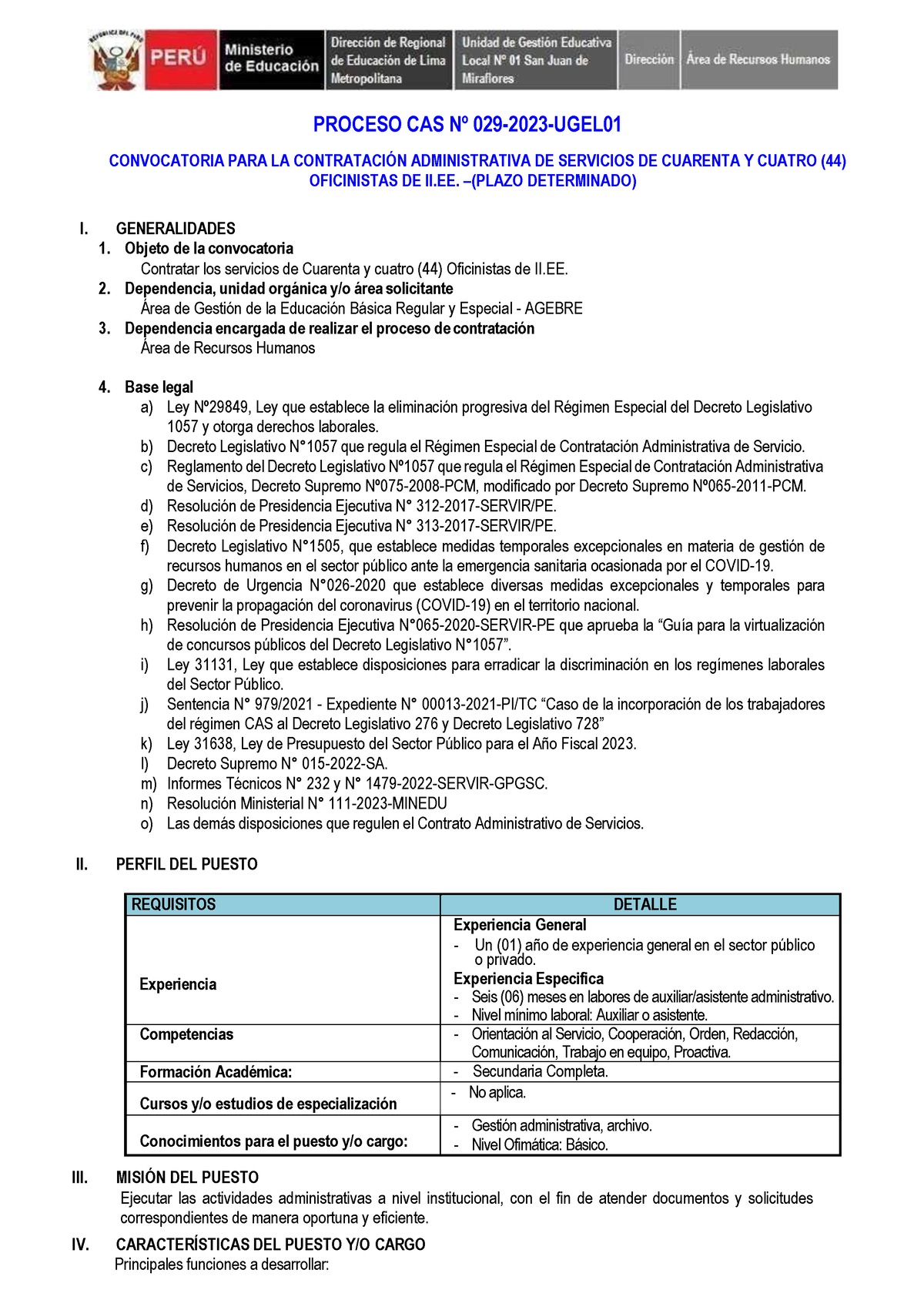 Términos De Referencia - PROCESO CAS N∫ 029-2023-UGEL CONVOCATORIA PARA ...