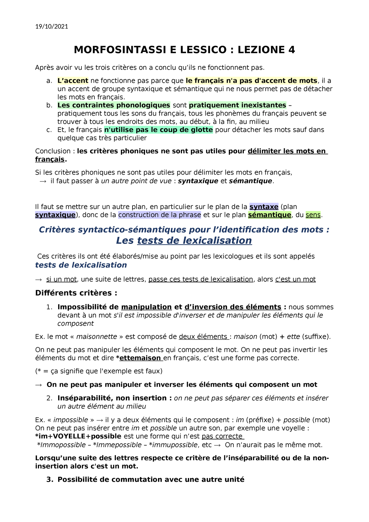 04 Lezione Morfologia Les Unités Du Lexique Les Mots Morfosintassi E Lessico Lezione 4 1510