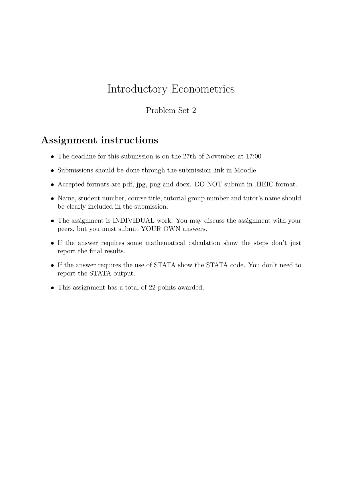 Econ2206 - Problem Set 2 - Introductory Econometrics Problem Set 2 ...