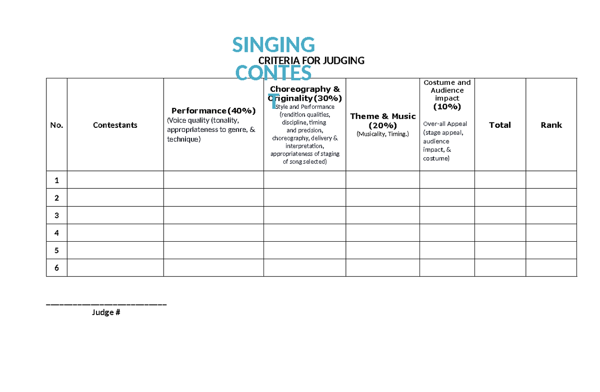 Criteria for singing contest - CRITERIA FOR JUDGING No. Contestants ...