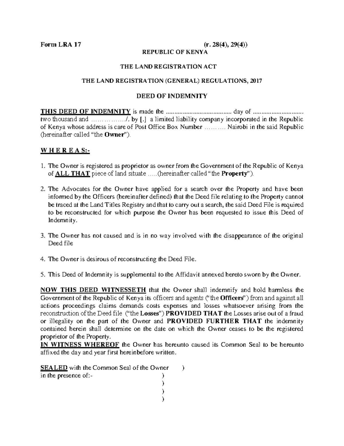 FormLRA17 Deed of Indemnity Draft Form LRA 17 (r. 28(4), 29(4