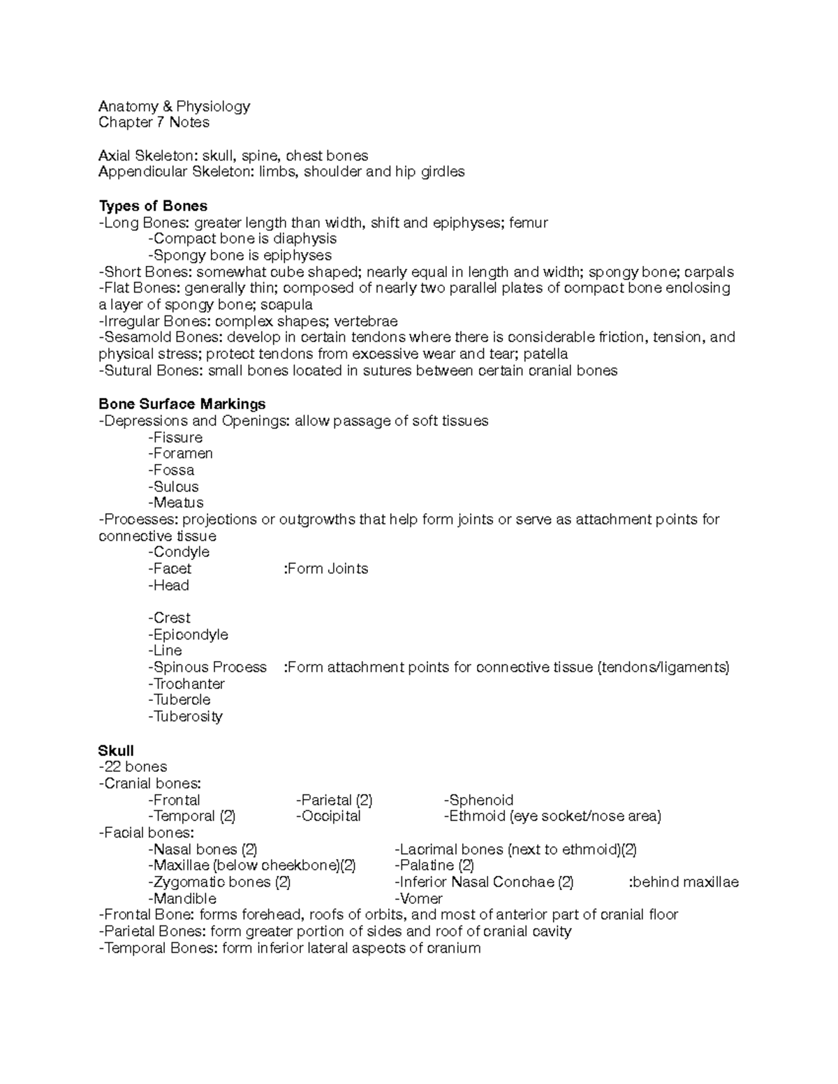 A&P 1 Chap 7 Notes PDF - Basics and terminology of skeletal system ...