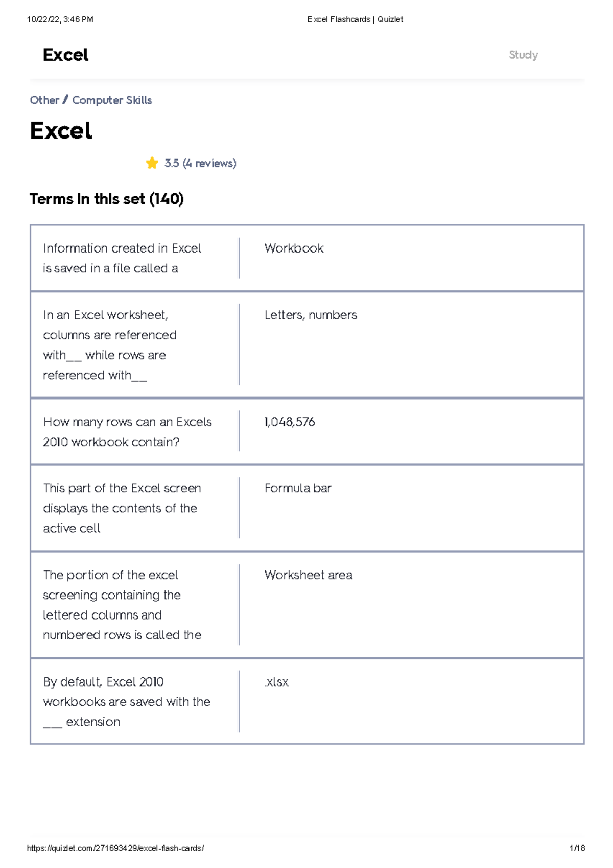 Excel Flashcards Quizlet - Excel 3 (4 Reviews) Other Computer Skills ...