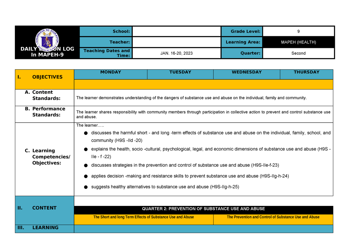 Q2 Dll Health 9 Week5 8 Detailed Lesson Plan Daily Lesson Log In