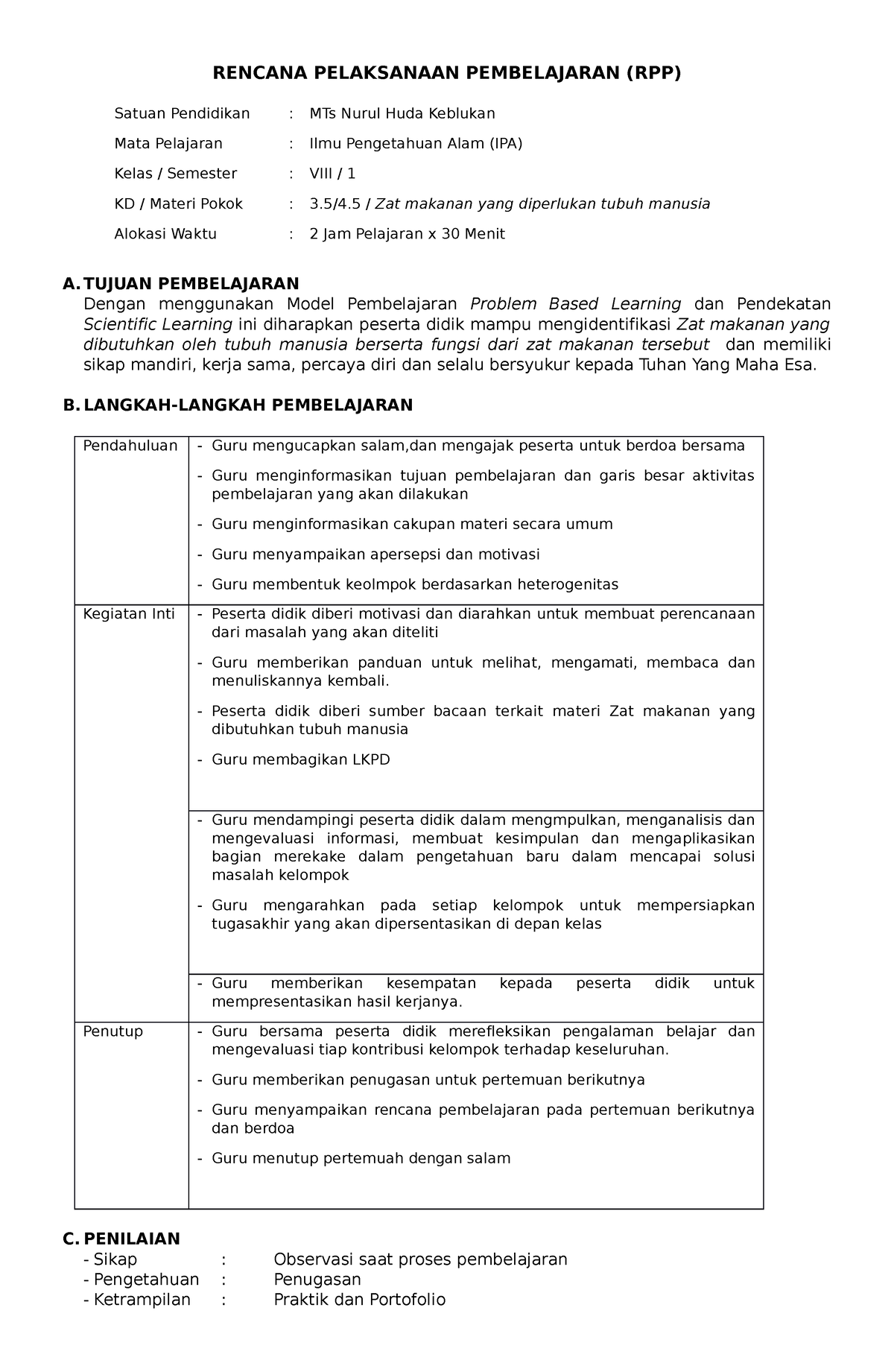 Rencana Pelaksanaan Pembelajaran - RENCANA PELAKSANAAN PEMBELAJARAN ...