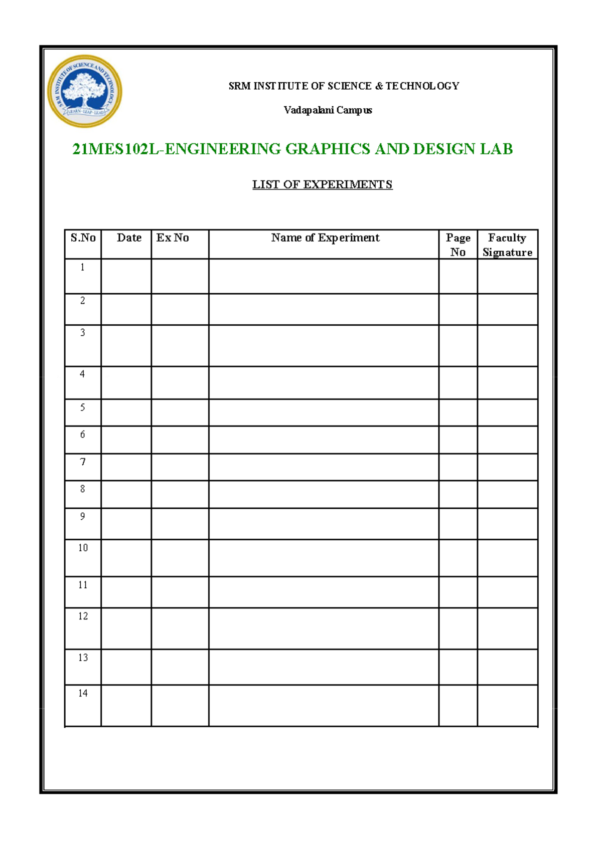 EG Index Table-2024-2025 - Engineering Graphics And Design - SRM ...