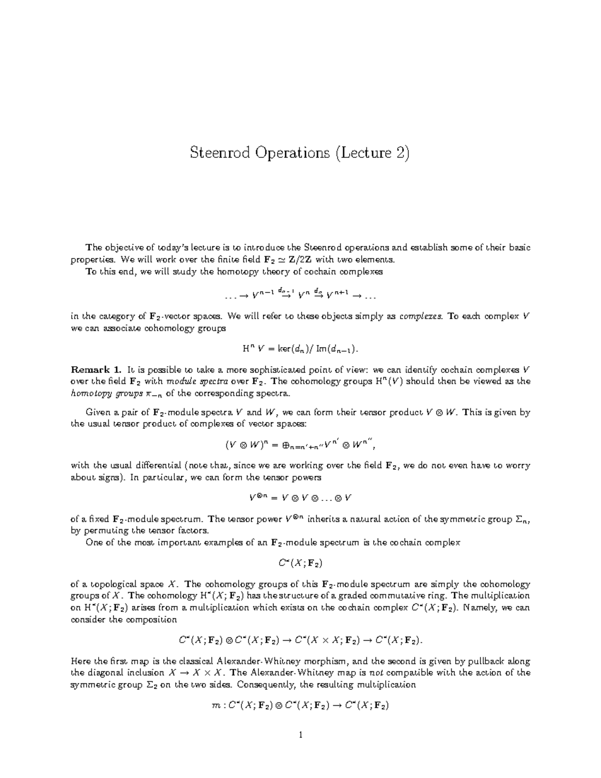 Topics In Algebraic Topology Lecture 2 Steenrod Operations Lecture 2
