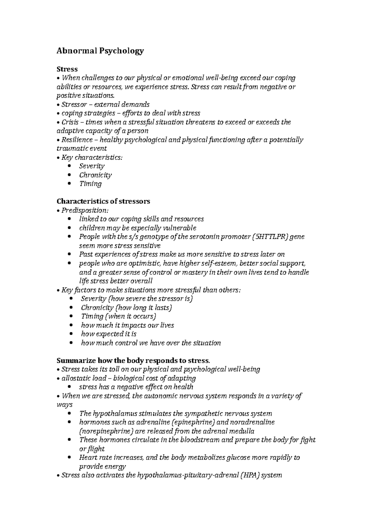 Abnormal Psychology - Week 3 - Abnormal Psychology Stress When ...