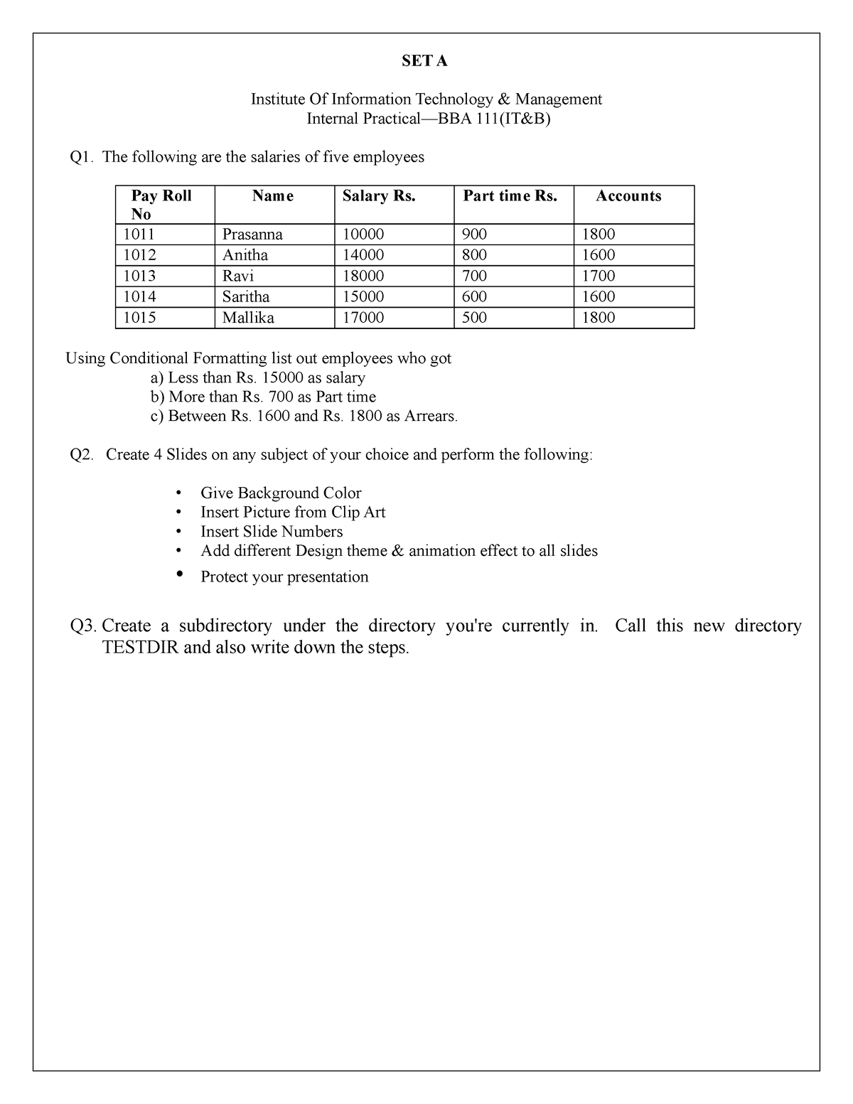 Itb Question Paper