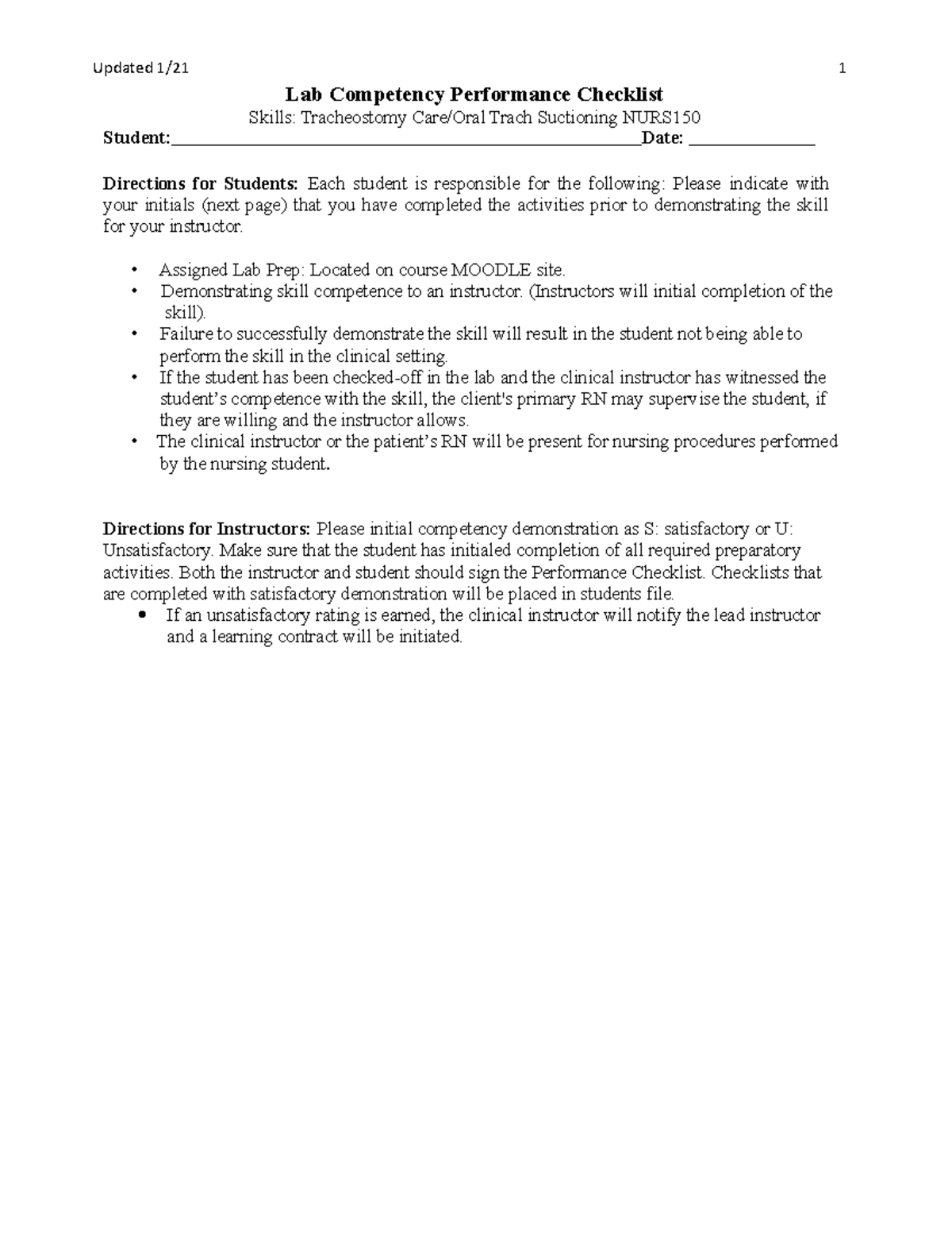 LAB Trach CARE and Suctioning Skills Check LIST updated 121 Updated