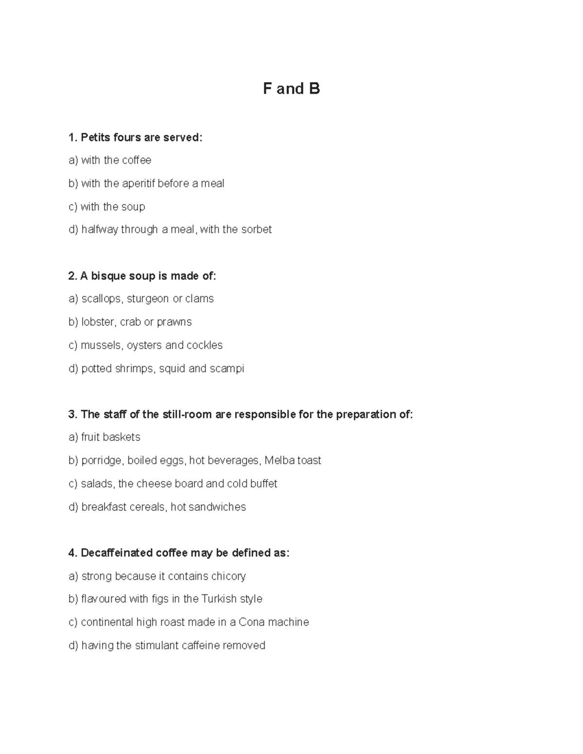 MCQ - MCQ Important - Basics Of F&B Operations - PU - Studocu