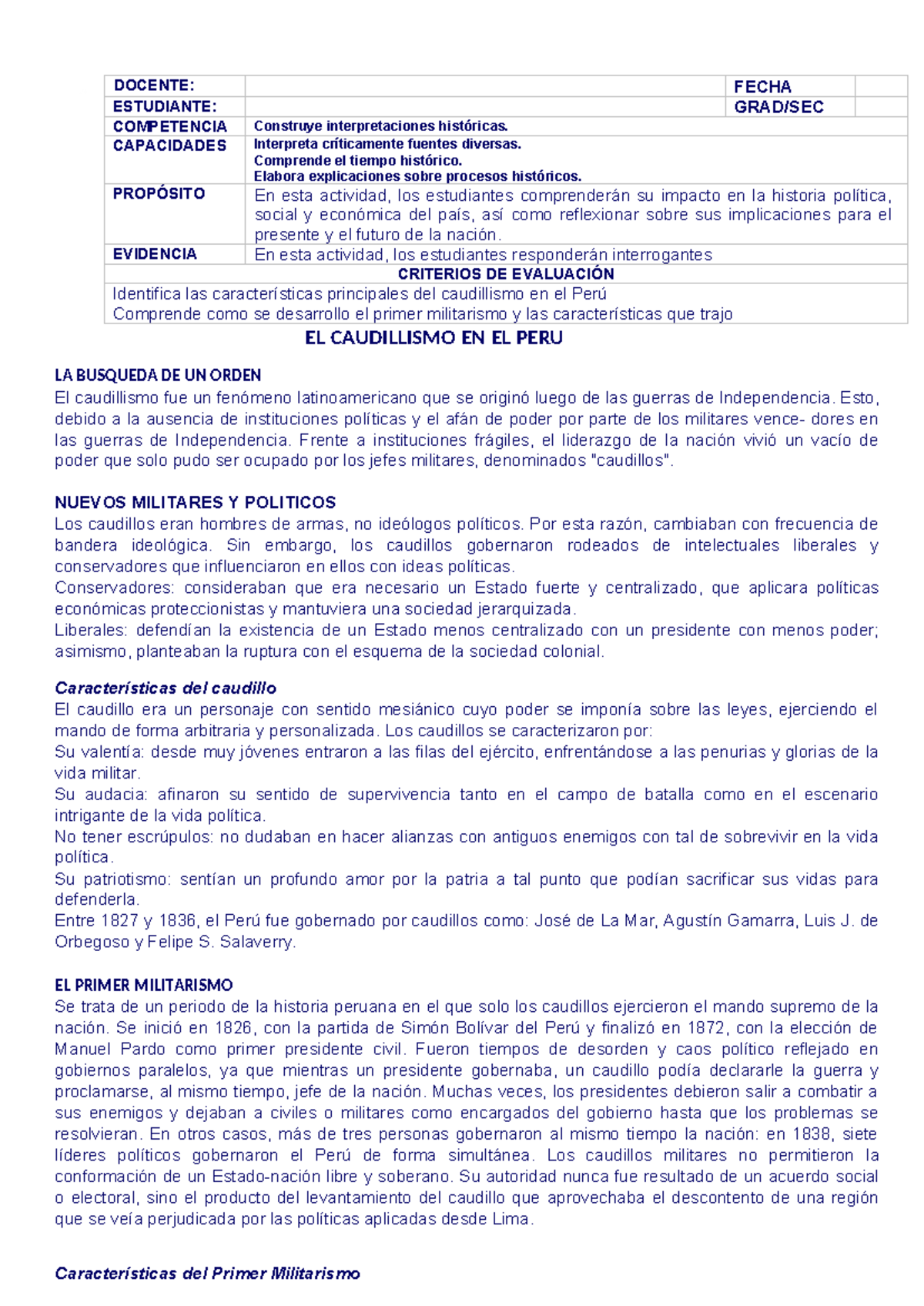 Ficha DE Actividad CCSS 4°- Semana 2 - DOCENTE: FECHA ESTUDIANTE: GRAD ...