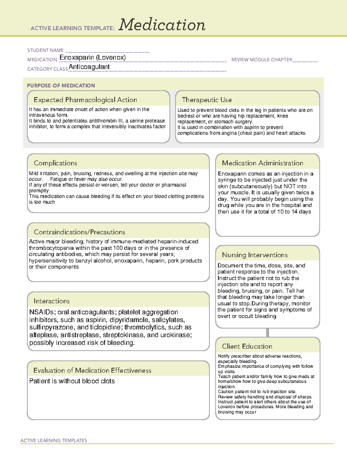 Enoxaparin Med Surg 3 - nursing - ACTIVE LEARNING TEMPLATES Medication ...