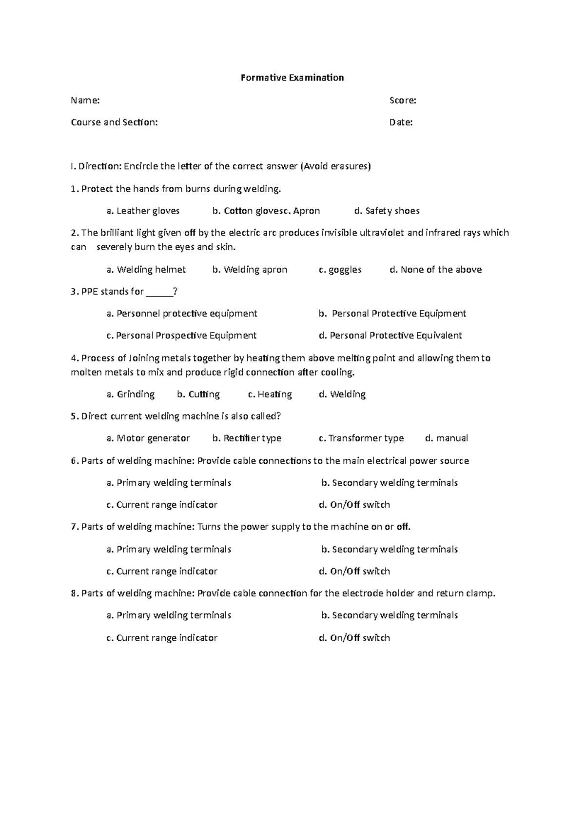 Formative Examination New Formative Examination Name Score Course 