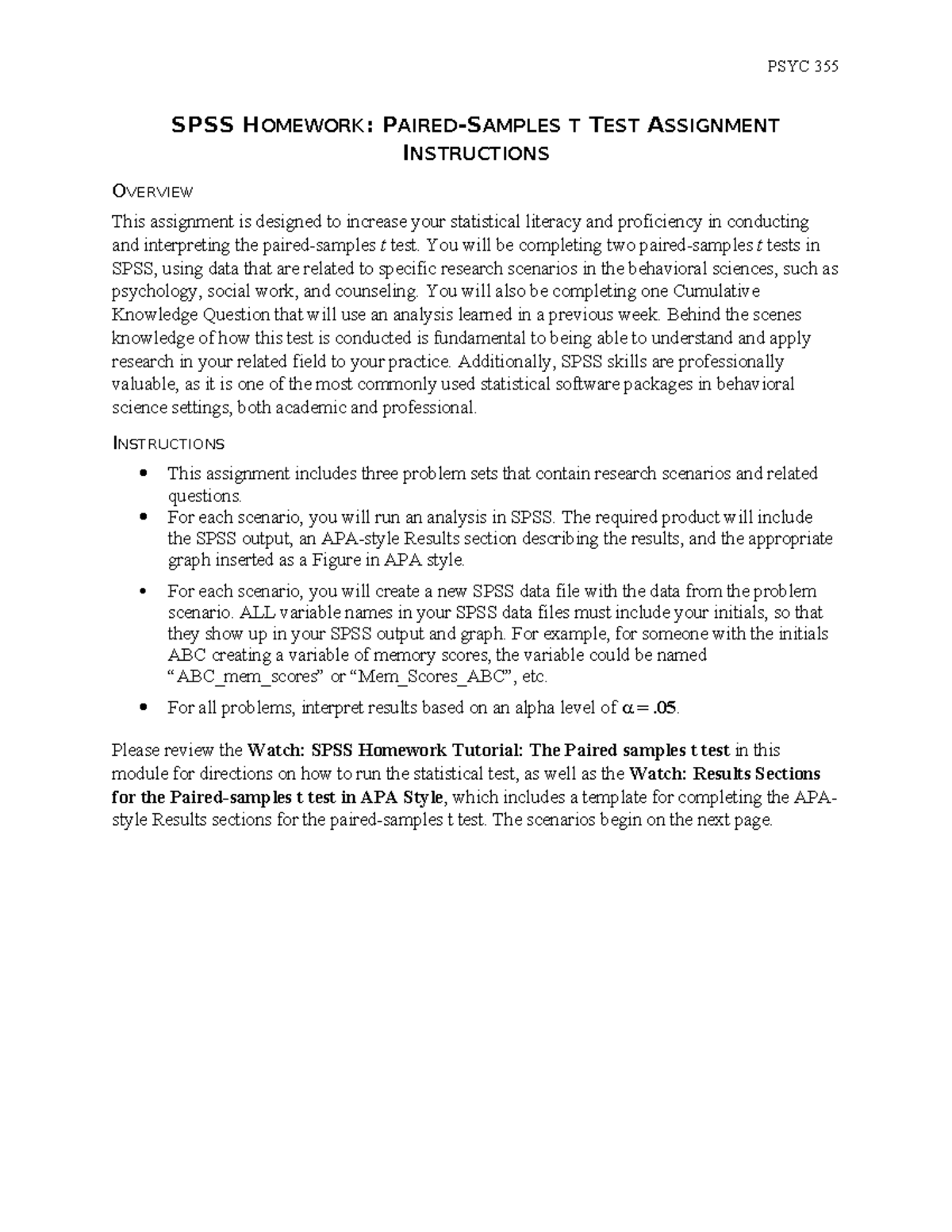SPSS Homework Paired Samples t Test Assignment Instructions - SPSS ...