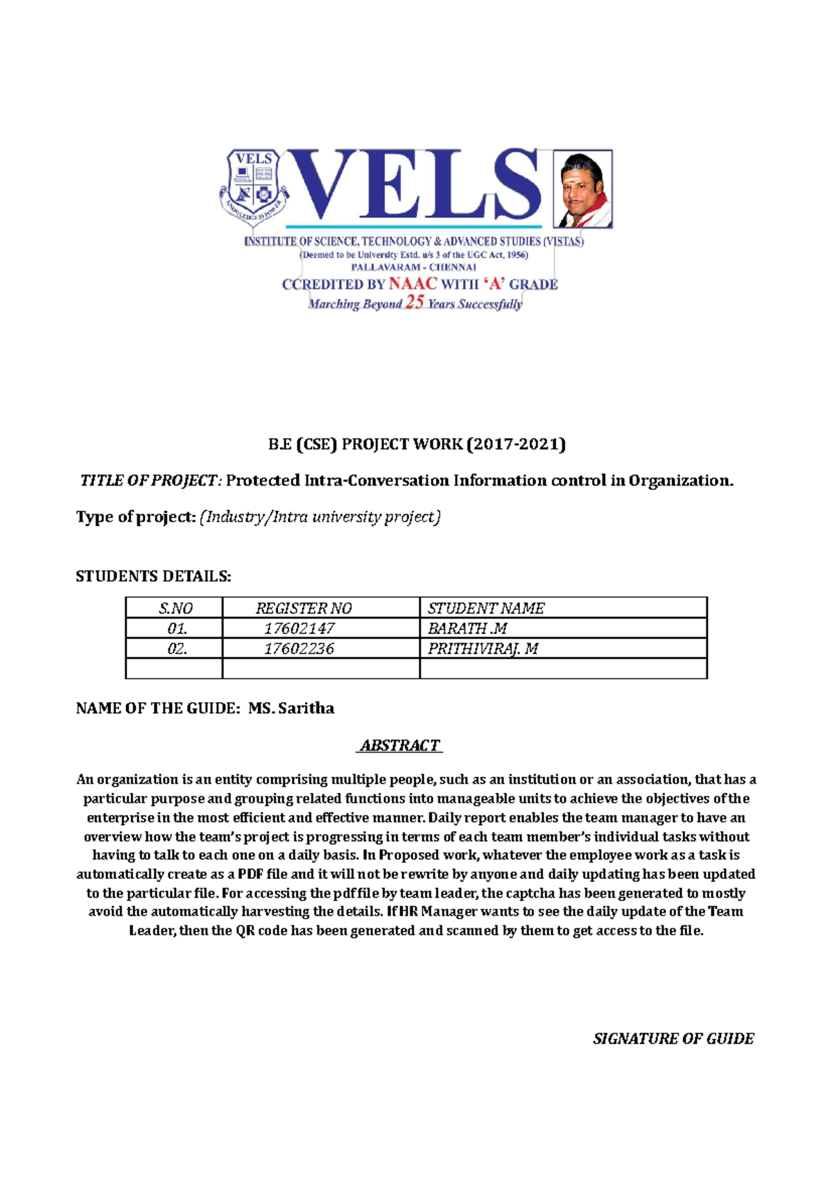 Abstract of a project on computer science - B (CSE) PROJECT WORK (2017 ...