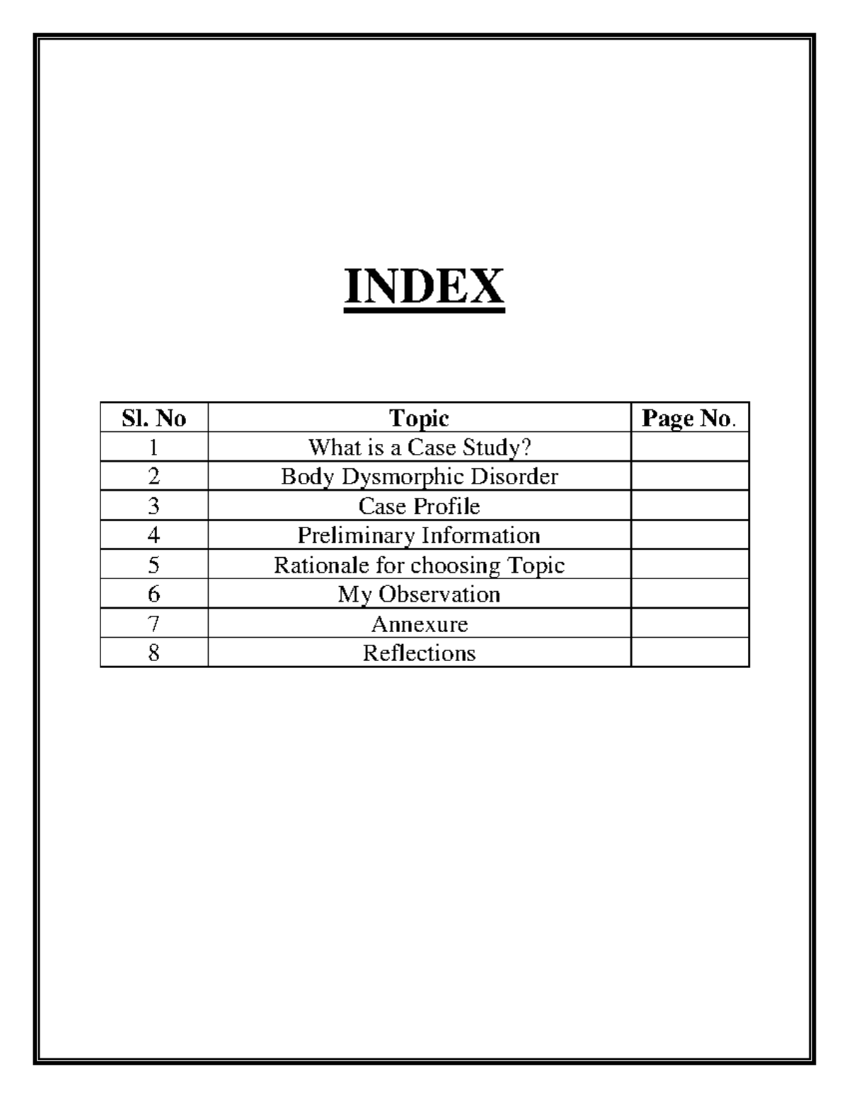Body Dysmorphic Disorder - INDEX Sl. No Topic Page No. 1 What is a Case ...