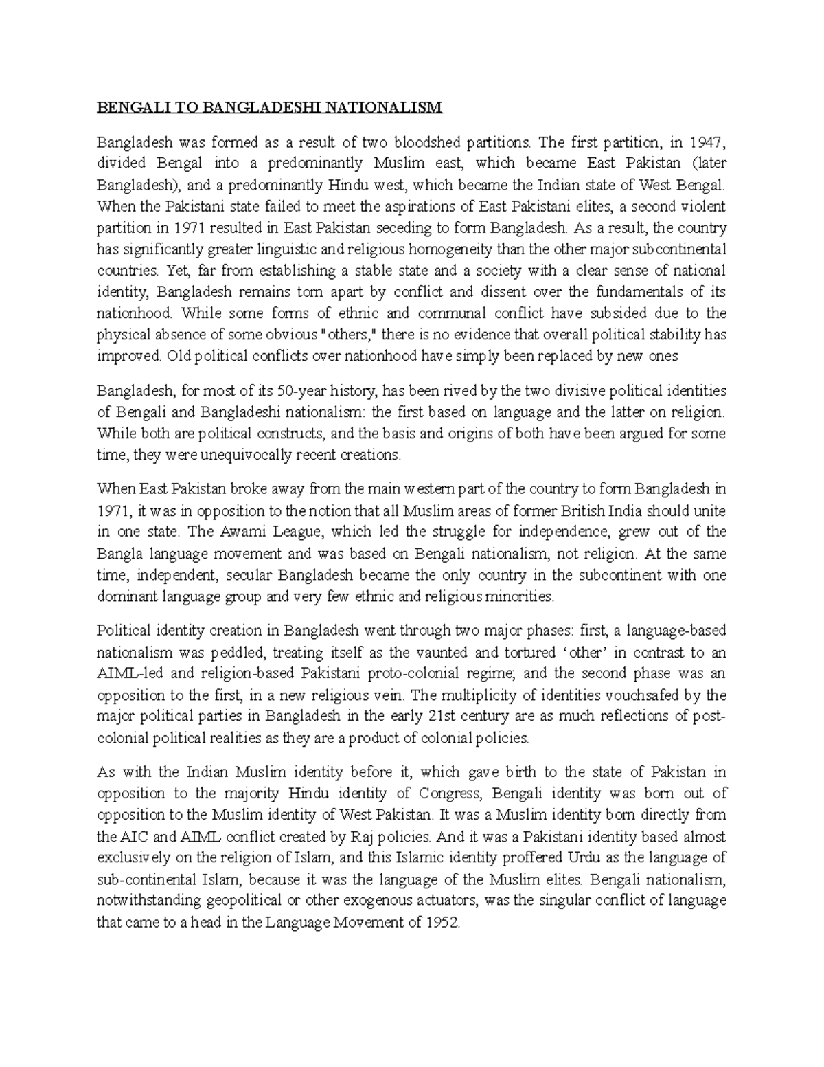 Bangladeshi Nationalism BENGALI TO BANGLADESHI NATIONALISM Bangladesh