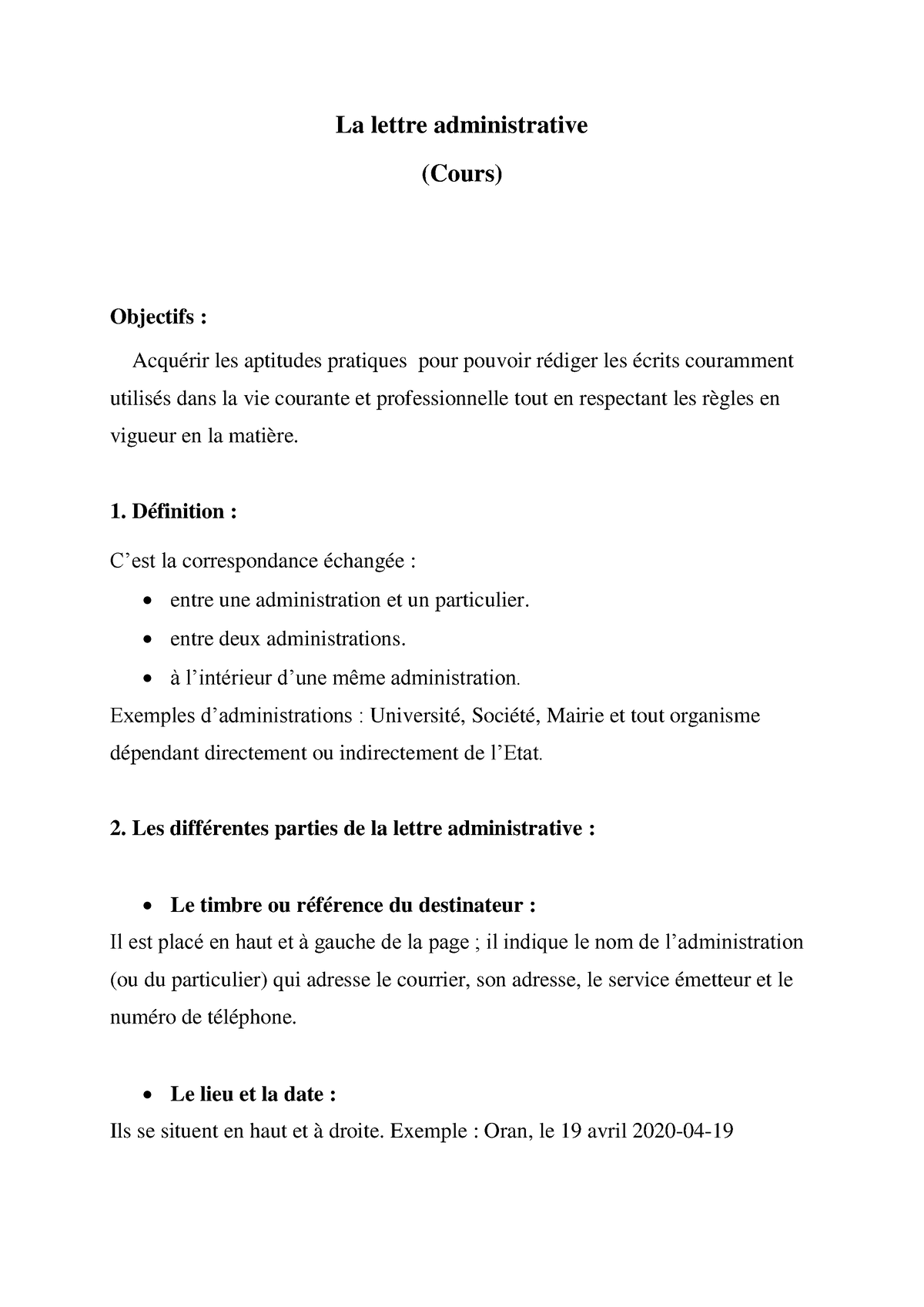 La lettre administrative (Cours) - La lettre administrative (Cours)  Objectifs : Acquérir les - Studocu