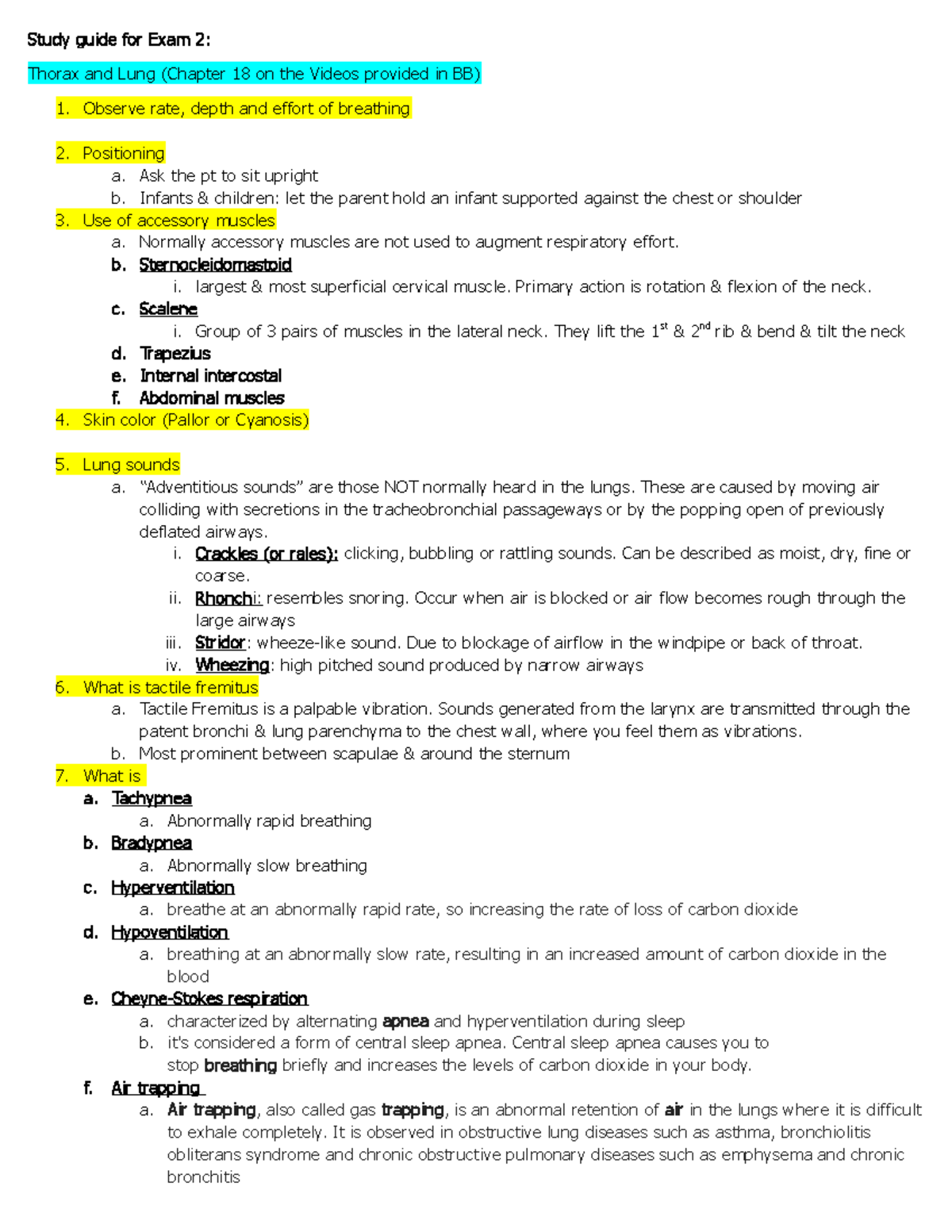 Health Assessment Exam 2 Study Guide - Study Guide For Exam 2: Thorax ...