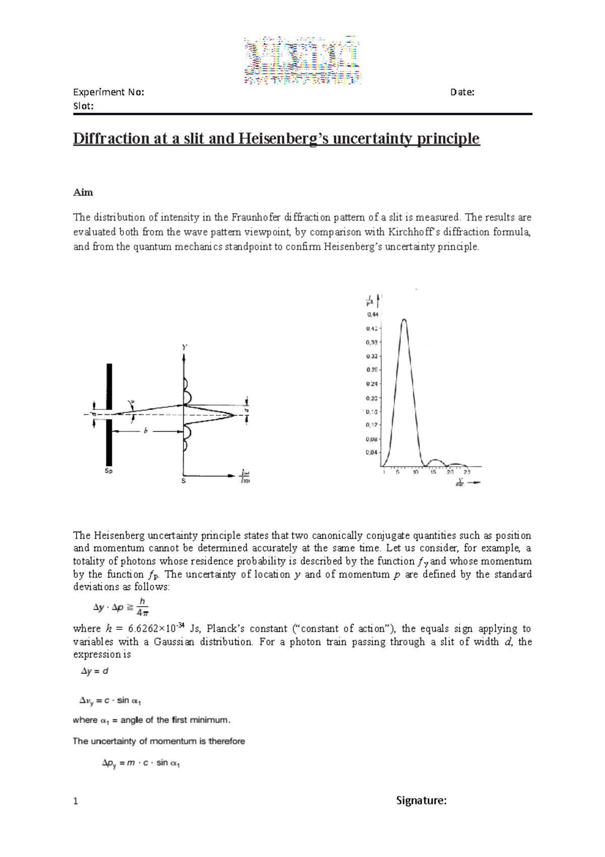 Diffraction at a slit and Heisenberg - Experiment No: Date: Slot ...