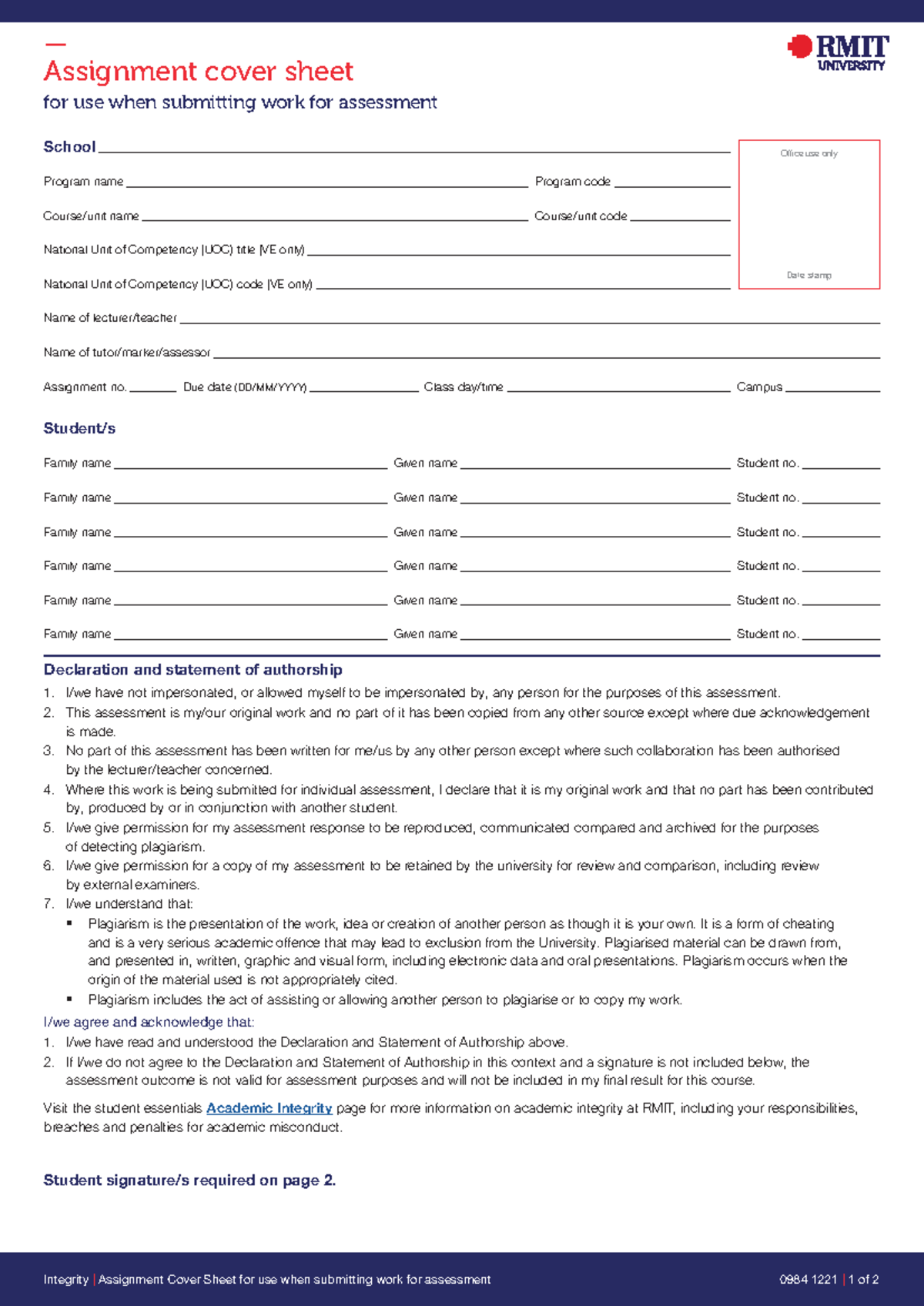 Assignment cover sheet 3 - Integrity | Assignment Cover Sheet for use ...