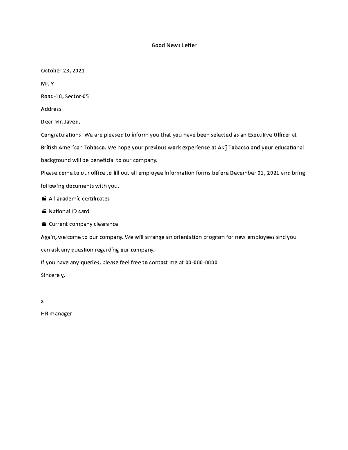 Good News Business Letter Example